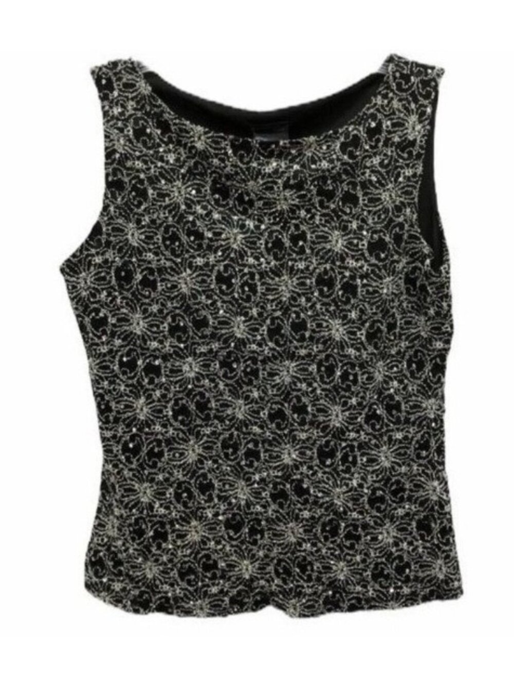 J.T.B. sequence black ivory floral tank top shirt embellished faded tag READ
